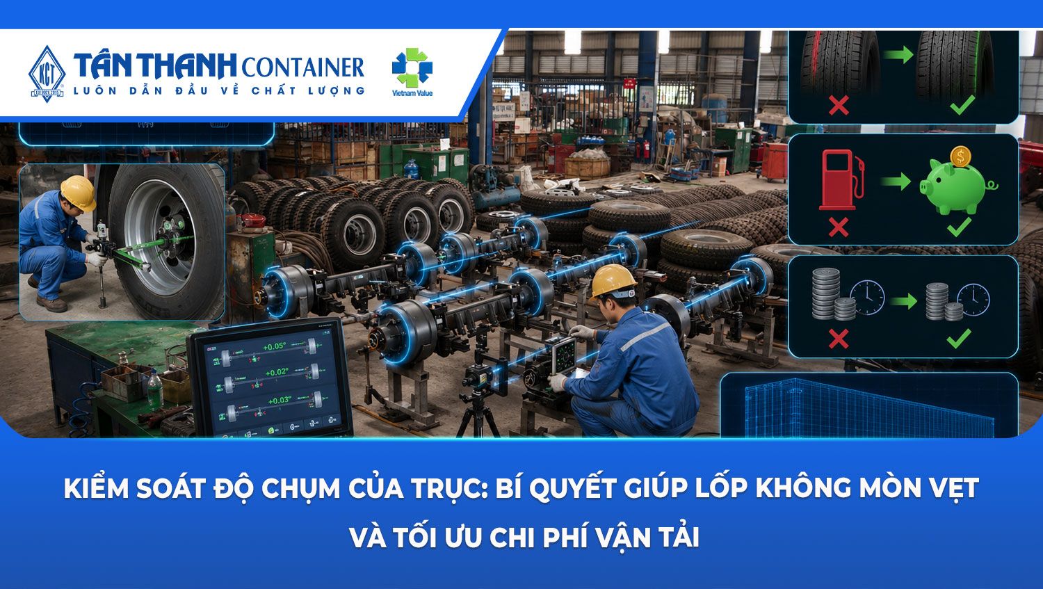 Kiểm soát độ chụm của trục: Bí quyết giúp lốp không mòn vẹt và tối ưu chi phí vận tải