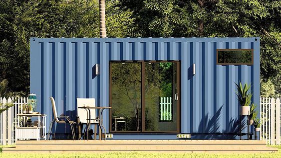 Container nhà ở màu xanh, cửa kính