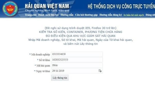 Cần đăng nhập vào website Hải Quan Việt Nam để lấy thông tin chính xác nhất