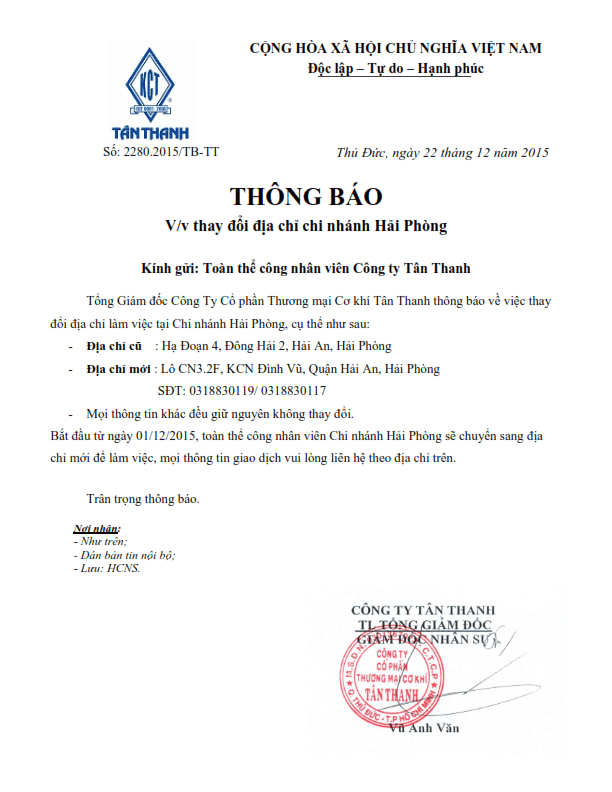 Notice: Change the adress of Hai Phong Branch